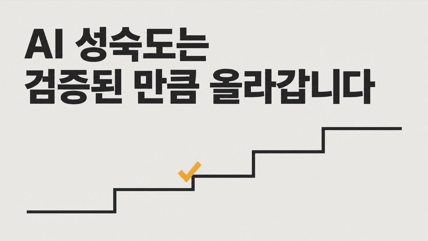선으로 그린 계단의 두 번째 단 끝에 주황색 체크 표시가 있다. 헤드라인 「AI 성숙도는 검증된 만큼 올라갑니다」.