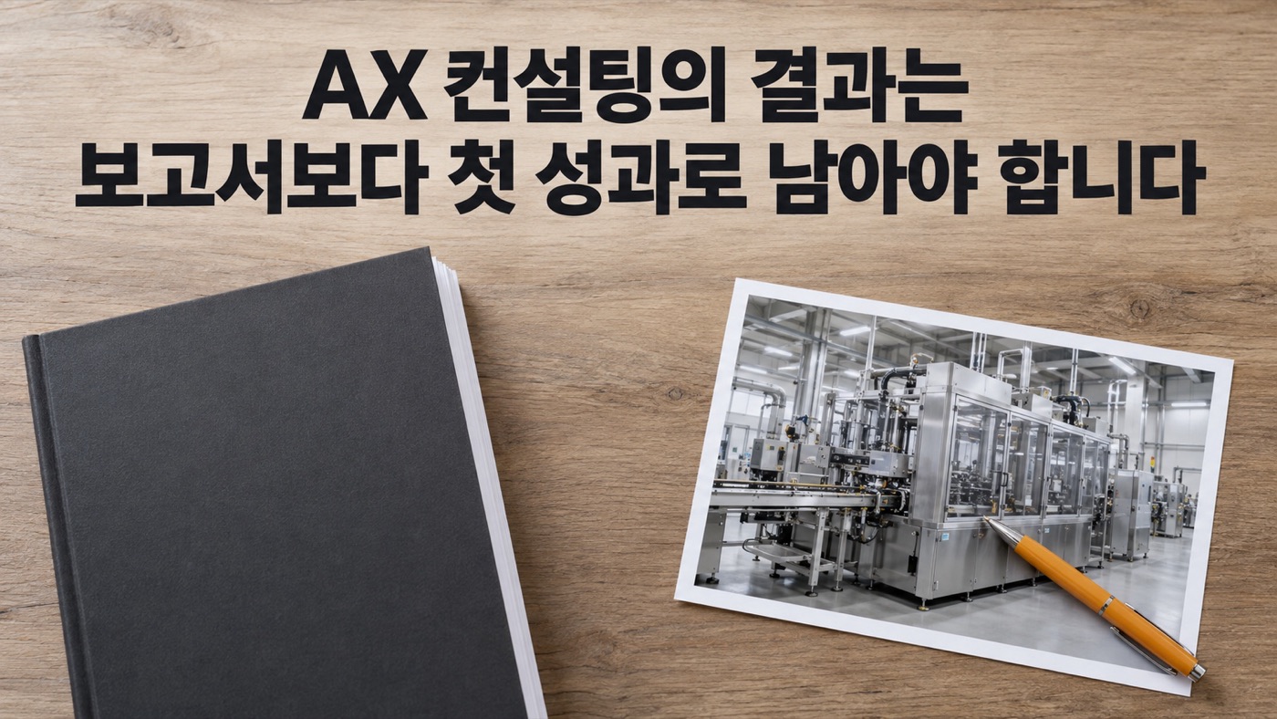 나무 책상 위에 검은 표지의 두꺼운 보고서와, 주황 펜이 놓인 공장 설비 사진 한 장이 나란히 있다. 헤드라인 「AX 컨설팅의 결과는 보고서보다 첫 성과로 남아야 합니다」.