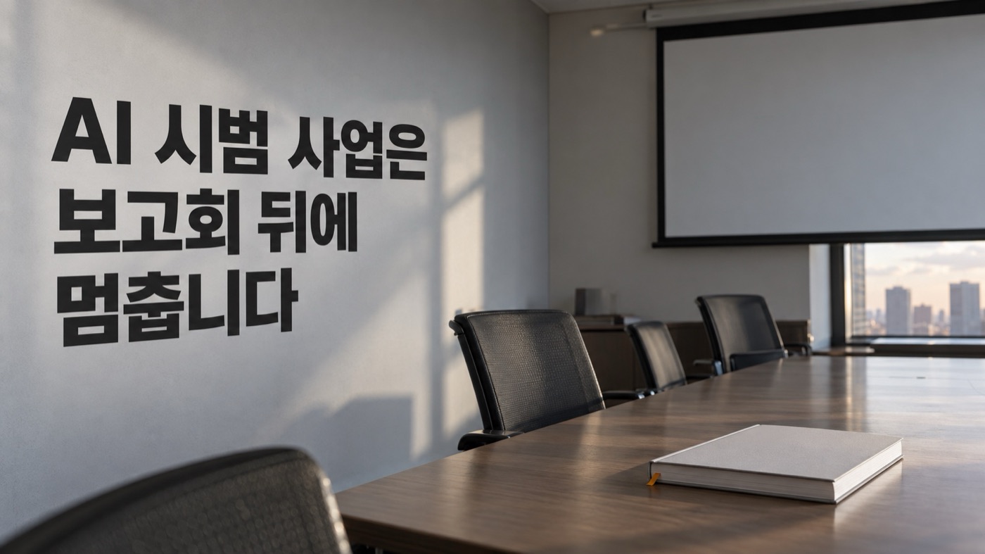 빈 의자가 놓인 회의실 탁자 위에 덮인 보고서 한 권이 있고, 안쪽 벽에는 빈 스크린이 걸려 있다. 벽면 문구 「AI 시범 사업은 보고회 뒤에 멈춥니다」.