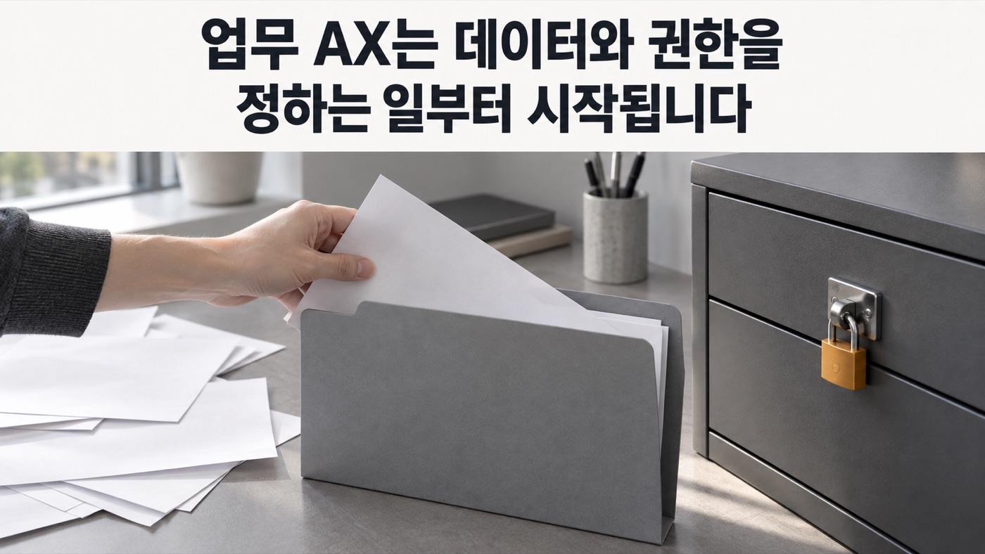책상 위에 흩어진 종이를 한 손이 회색 서류꽂이에 모아 넣고, 옆 서랍장에는 주황 자물쇠가 채워져 있다. 헤드라인 「업무 AX는 데이터와 권한을 정하는 일부터 시작됩니다」.